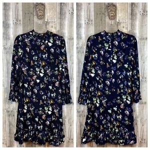 Georges Rech Multicolor Floral Silk Pleated Ruffle Trim Dress Size Medium